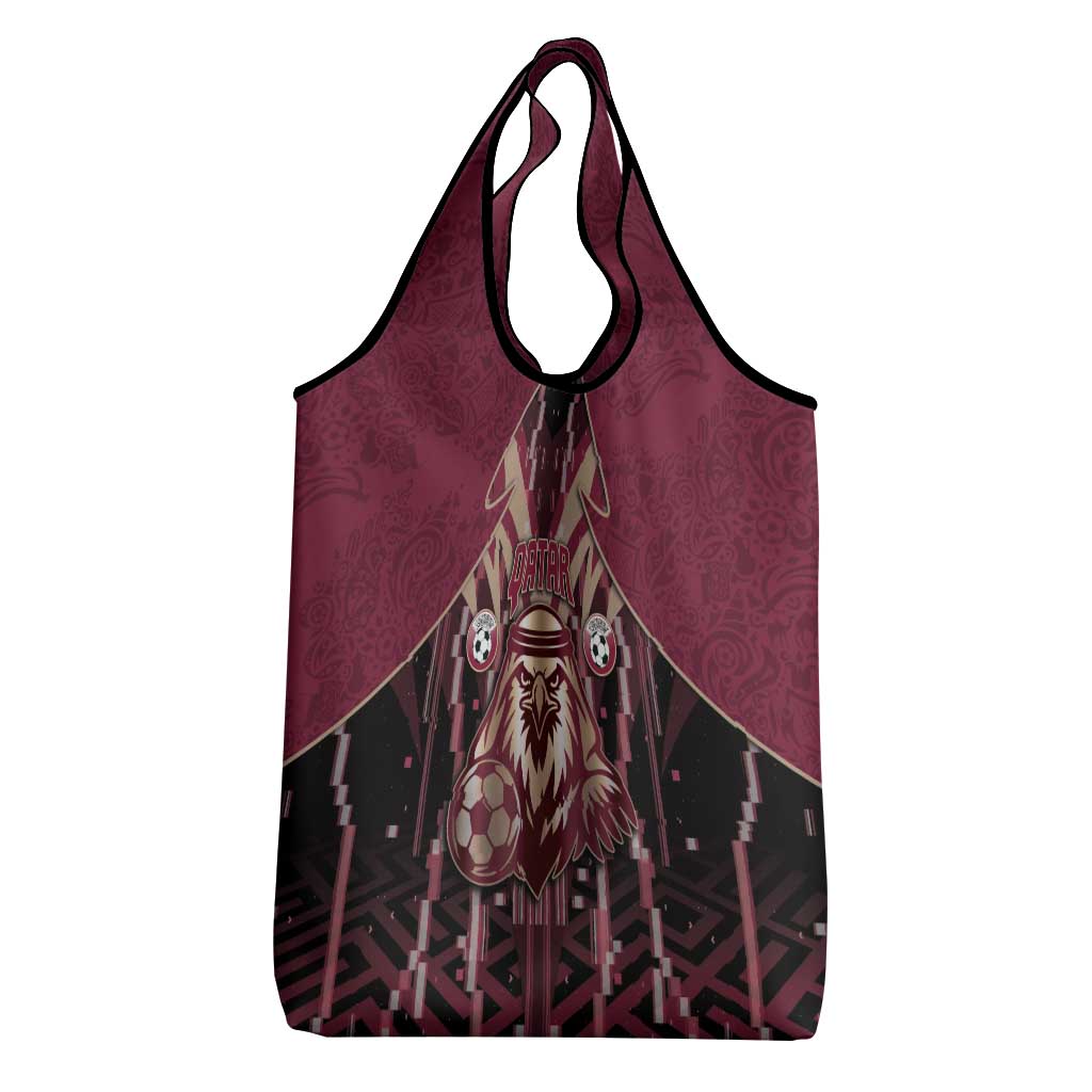 Qatar Football Grocery Bag Glitch Style Falcon With Arabic Patterns
