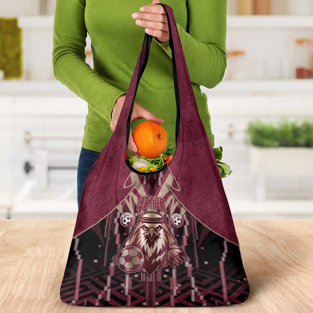 Qatar Football Grocery Bag Glitch Style Falcon With Arabic Patterns