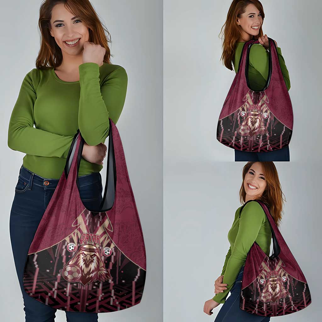 Qatar Football Grocery Bag Glitch Style Falcon With Arabic Patterns