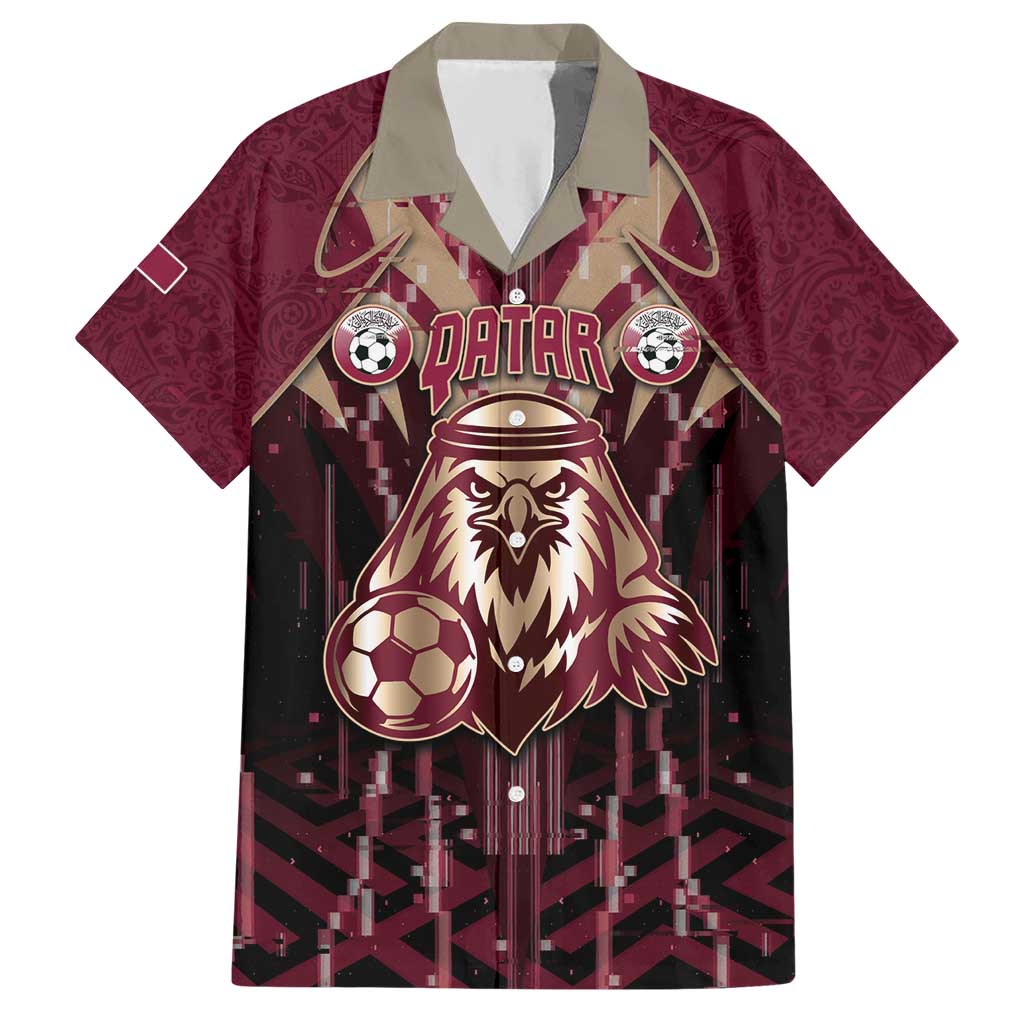 Custom Qatar Football Hawaiian Shirt Glitch Style Falcon With Arabic Patterns