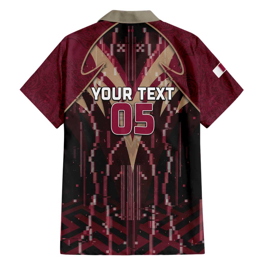 Custom Qatar Football Hawaiian Shirt Glitch Style Falcon With Arabic Patterns