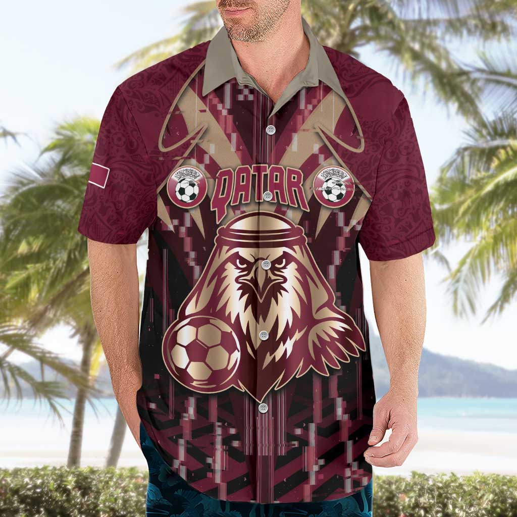 Custom Qatar Football Hawaiian Shirt Glitch Style Falcon With Arabic Patterns