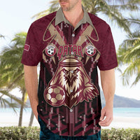 Custom Qatar Football Hawaiian Shirt Glitch Style Falcon With Arabic Patterns