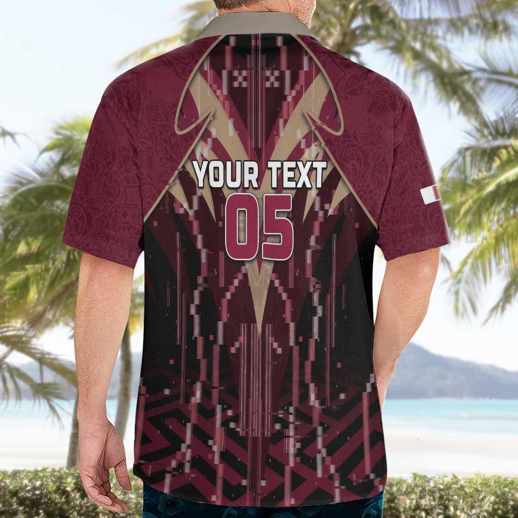 Custom Qatar Football Hawaiian Shirt Glitch Style Falcon With Arabic Patterns