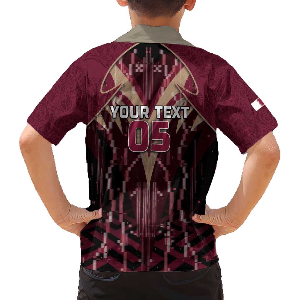 Custom Qatar Football Hawaiian Shirt Glitch Style Falcon With Arabic Patterns