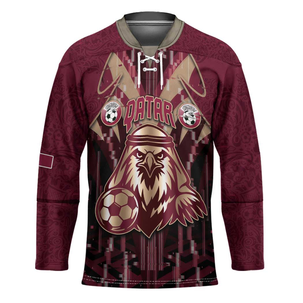 Custom Qatar Football Hockey Jersey Glitch Style Falcon With Arabic Patterns