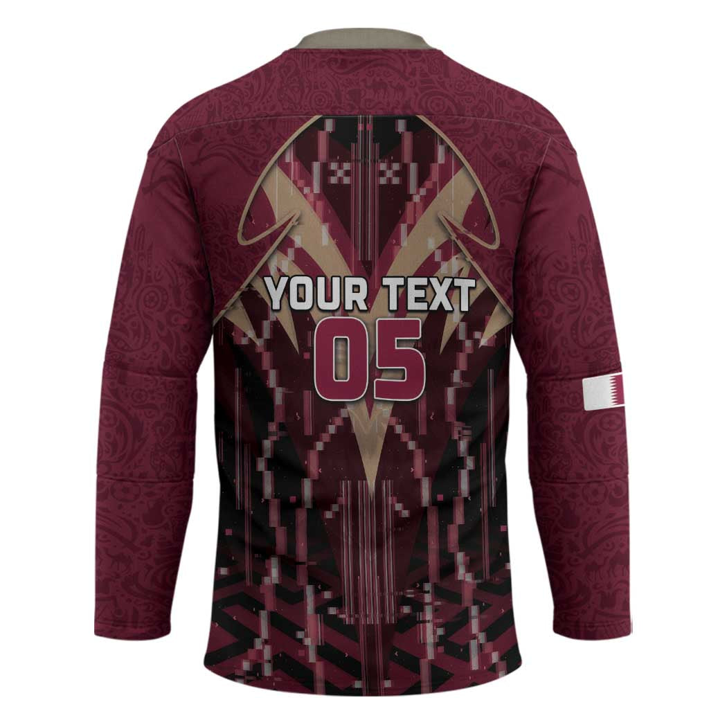 Custom Qatar Football Hockey Jersey Glitch Style Falcon With Arabic Patterns