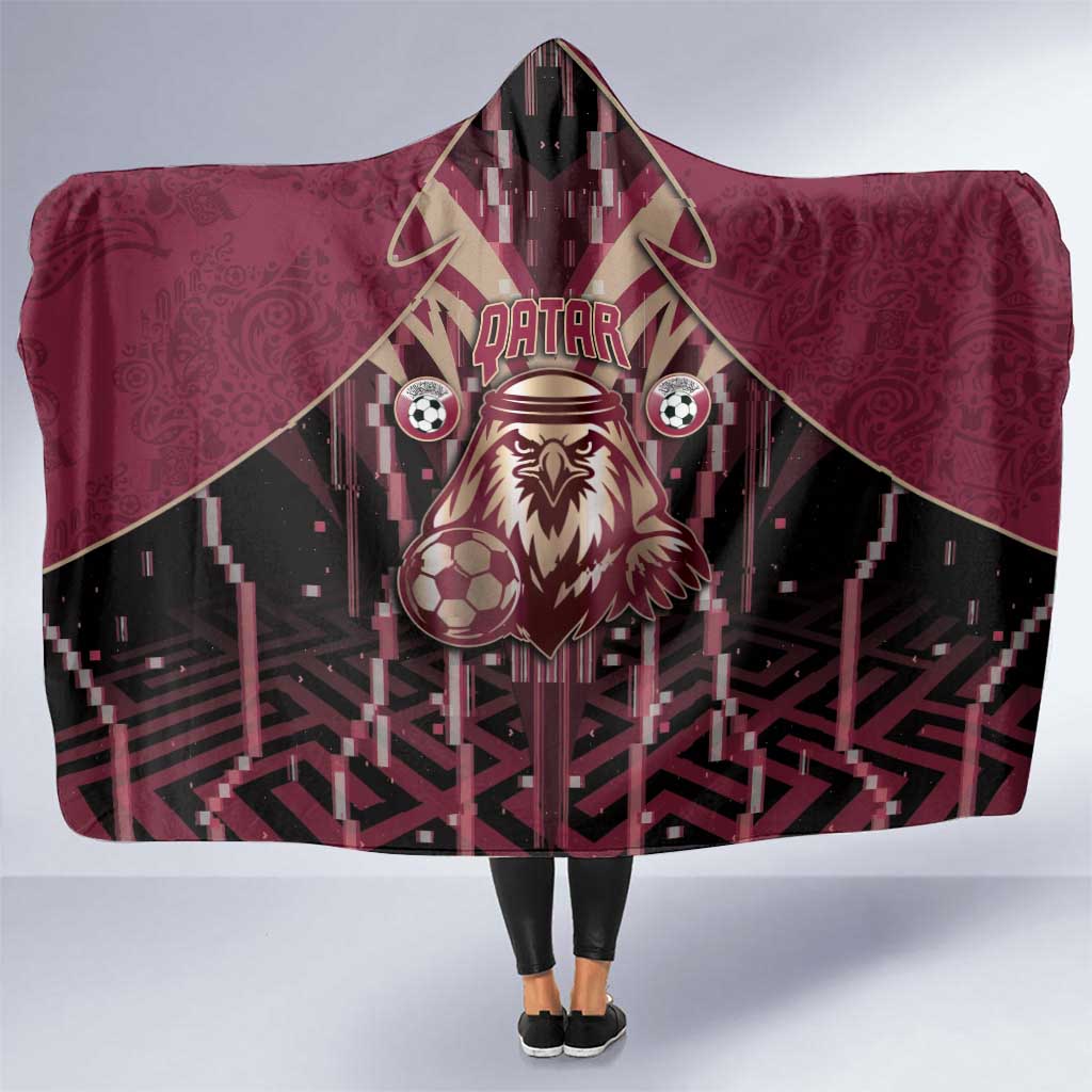 Qatar Football Hooded Blanket Glitch Style Falcon With Arabic Patterns