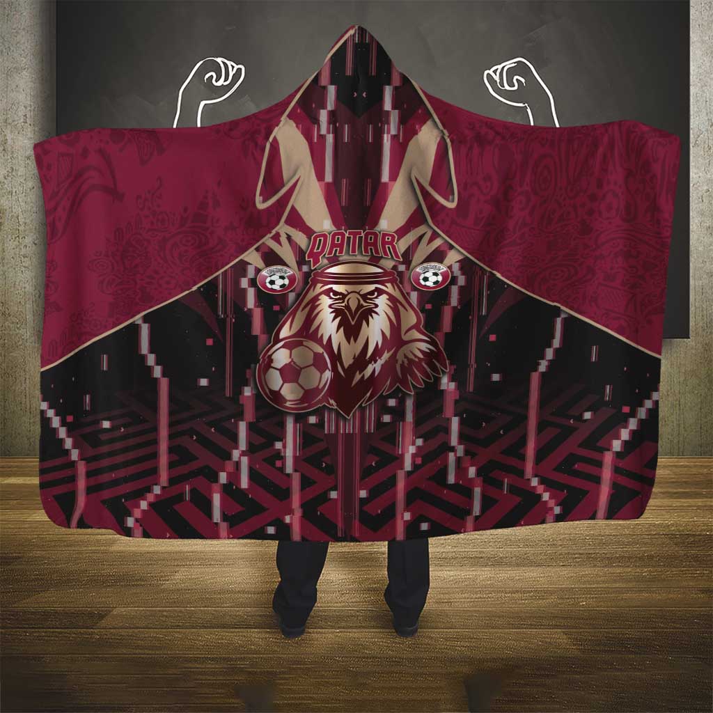 Qatar Football Hooded Blanket Glitch Style Falcon With Arabic Patterns