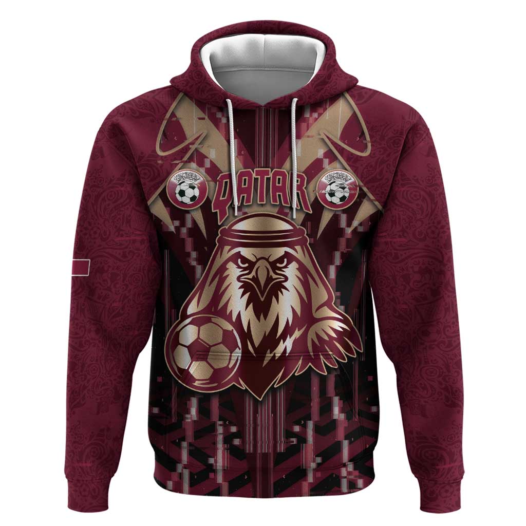 Custom Qatar Football Hoodie Glitch Style Falcon With Arabic Patterns
