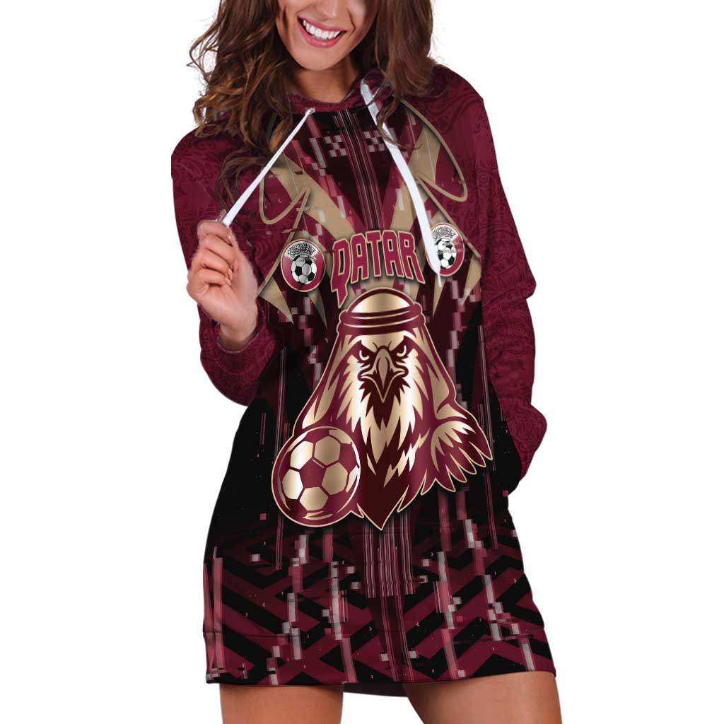 Custom Qatar Football Hoodie Dress Glitch Style Falcon With Arabic Patterns