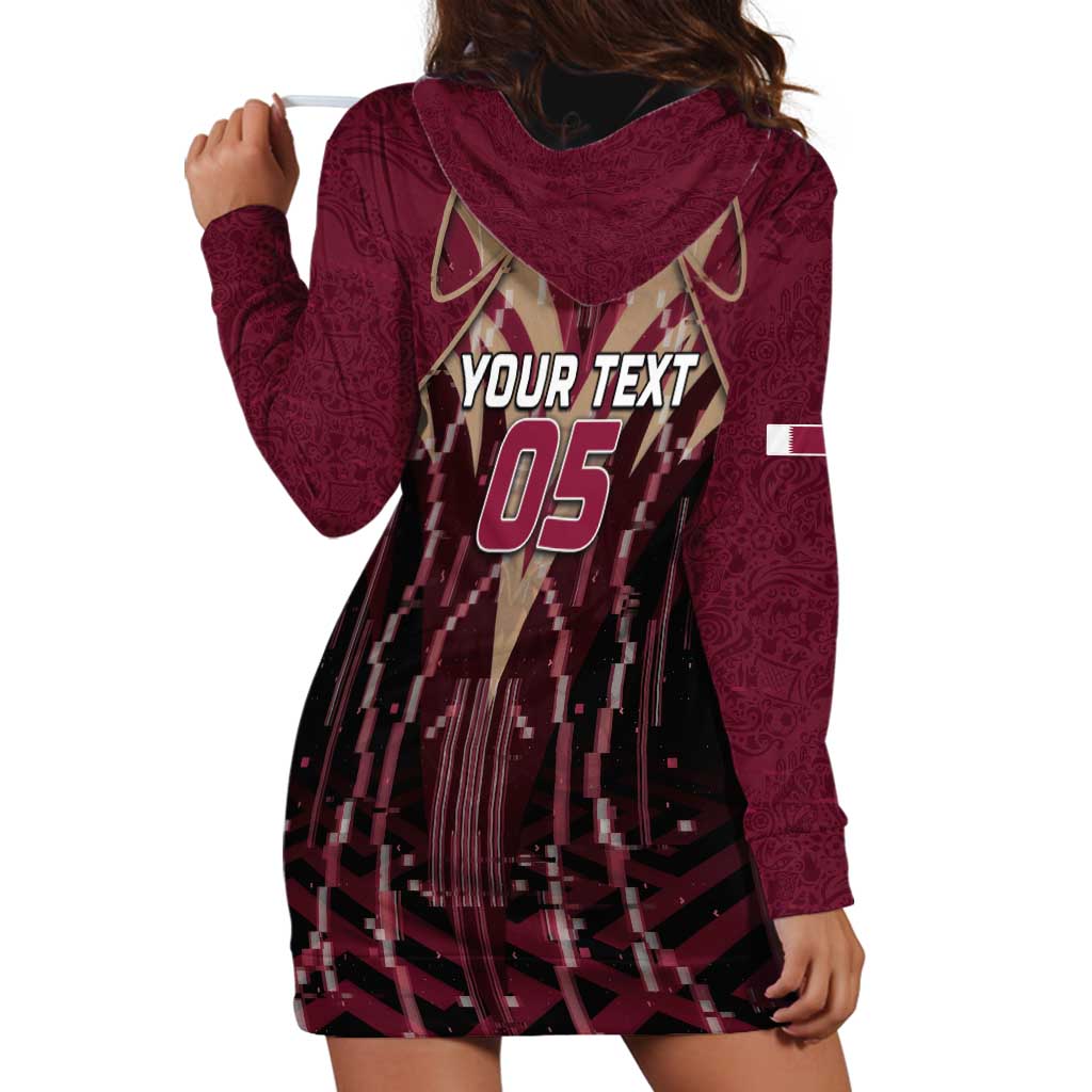Custom Qatar Football Hoodie Dress Glitch Style Falcon With Arabic Patterns