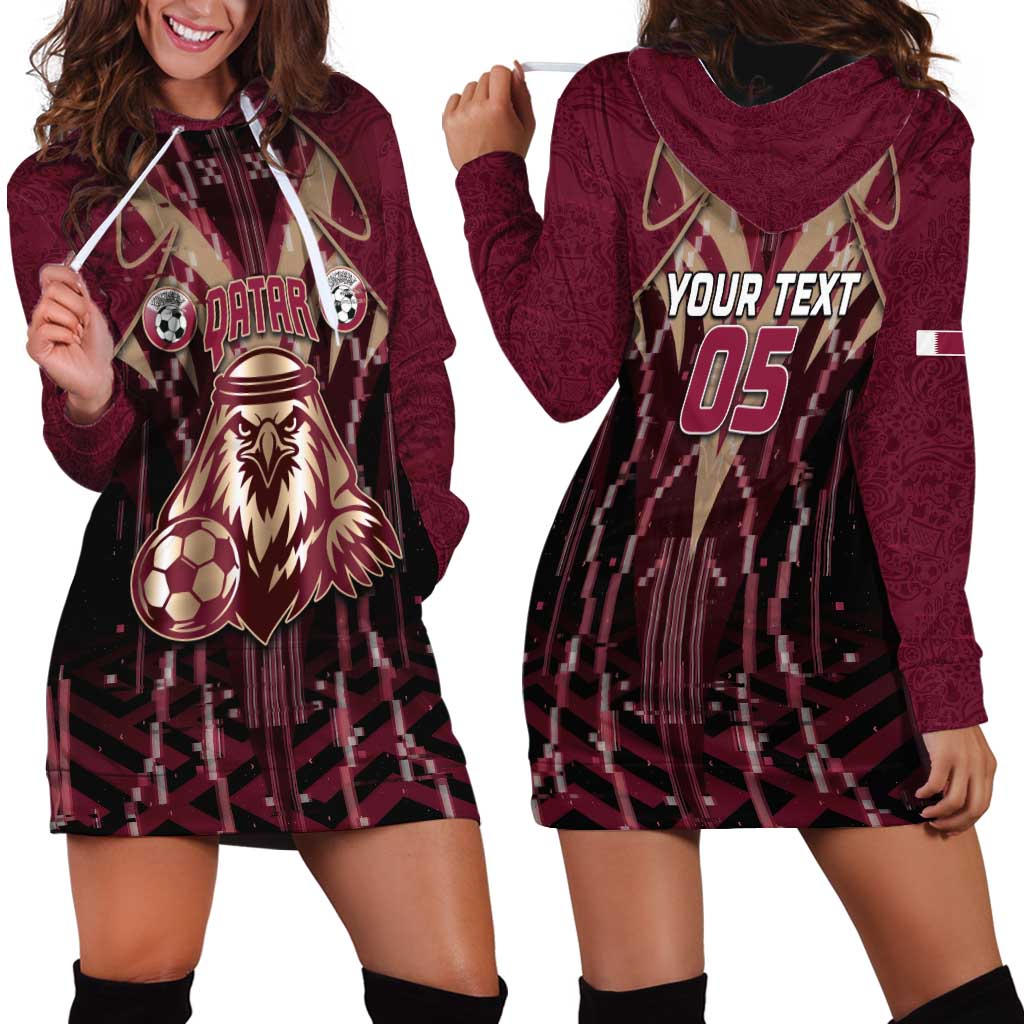 Custom Qatar Football Hoodie Dress Glitch Style Falcon With Arabic Patterns