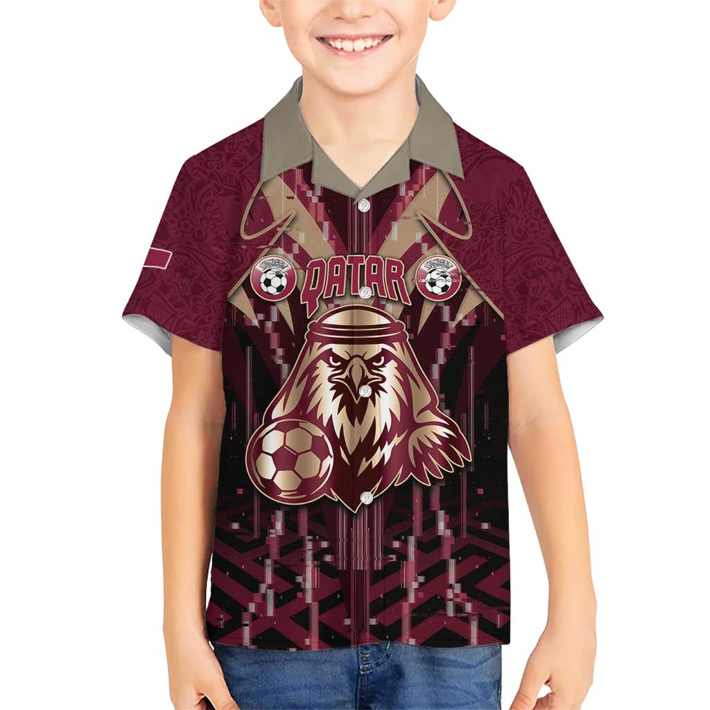 Custom Qatar Football Kid Hawaiian Shirt Glitch Style Falcon With Arabic Patterns