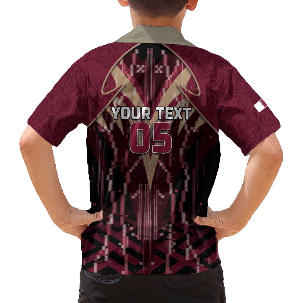 Custom Qatar Football Kid Hawaiian Shirt Glitch Style Falcon With Arabic Patterns