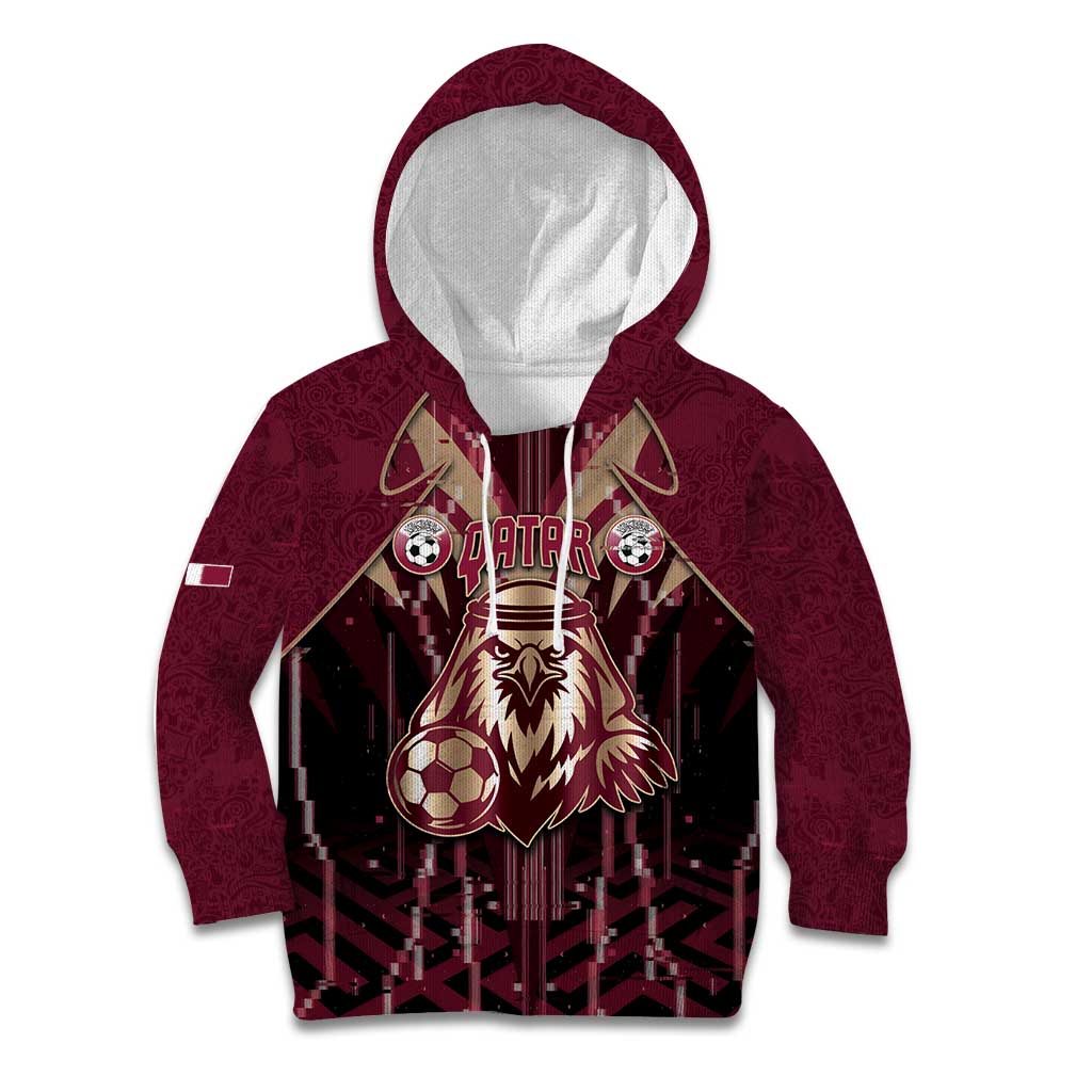 Custom Qatar Football Kid Hoodie Glitch Style Falcon With Arabic Patterns