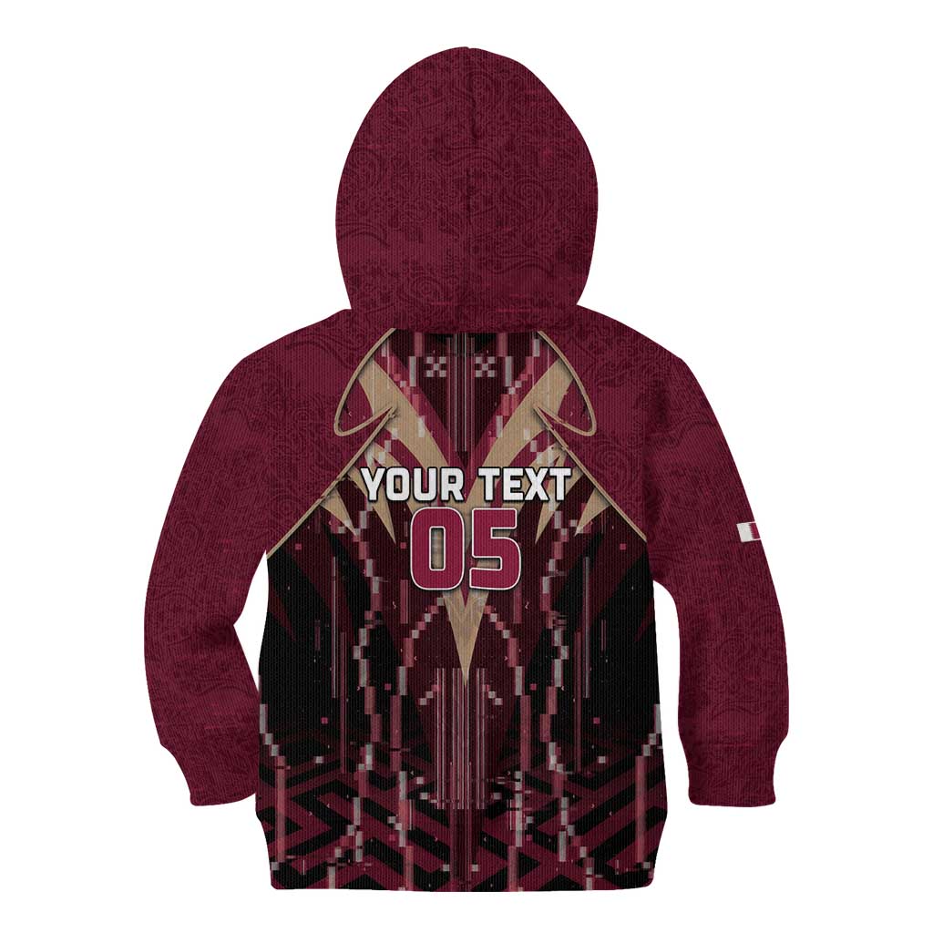 Custom Qatar Football Kid Hoodie Glitch Style Falcon With Arabic Patterns