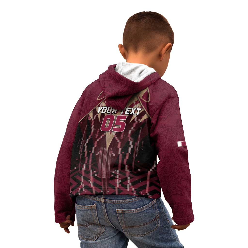 Custom Qatar Football Kid Hoodie Glitch Style Falcon With Arabic Patterns