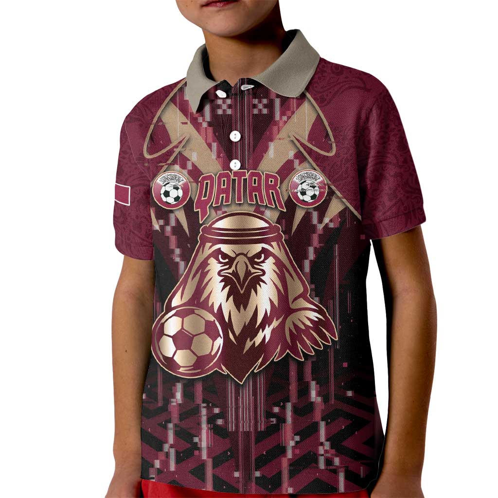 Custom Qatar Football Kid Polo Shirt Glitch Style Falcon With Arabic Patterns