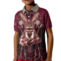 Custom Qatar Football Kid Polo Shirt Glitch Style Falcon With Arabic Patterns