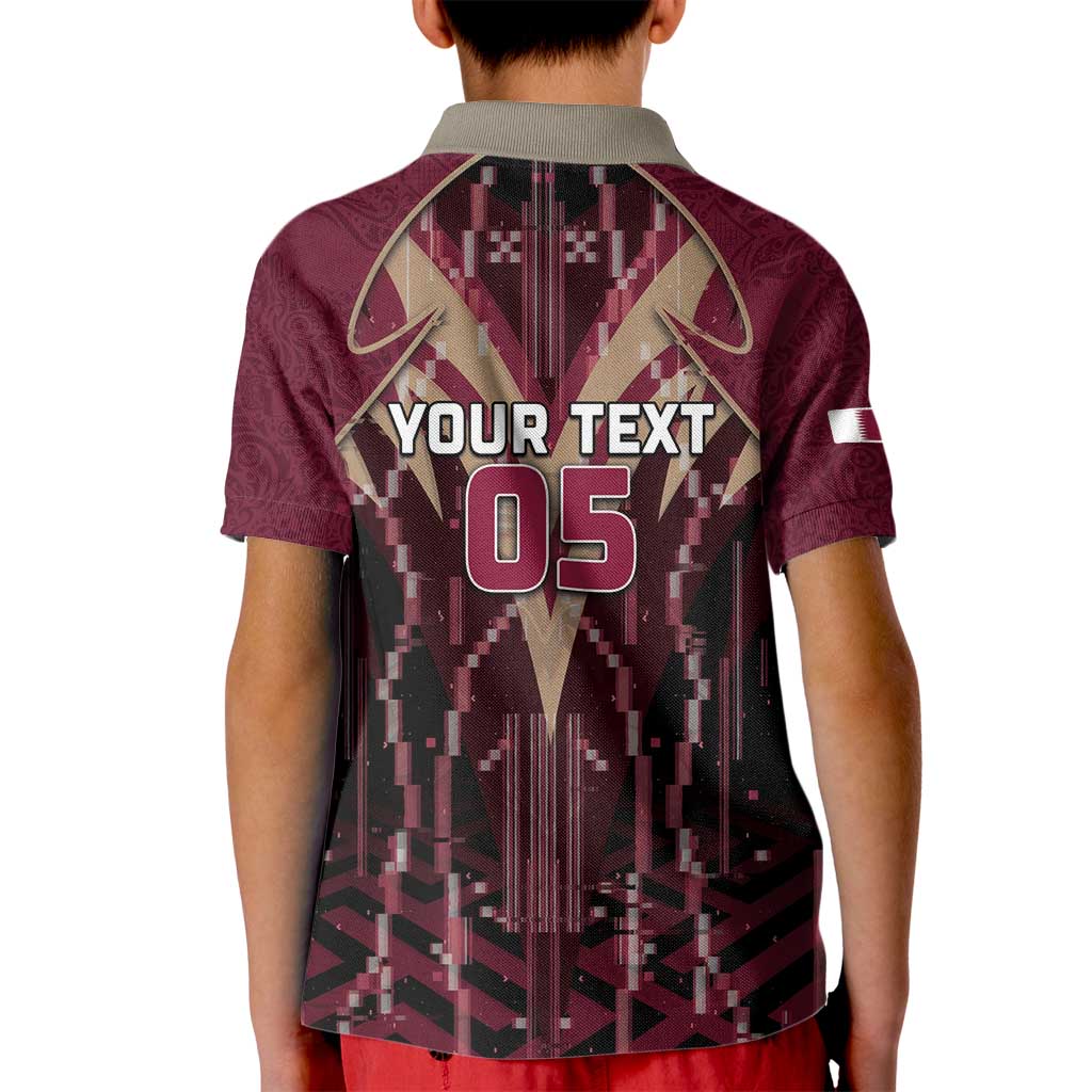 Custom Qatar Football Kid Polo Shirt Glitch Style Falcon With Arabic Patterns