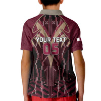 Custom Qatar Football Kid Polo Shirt Glitch Style Falcon With Arabic Patterns
