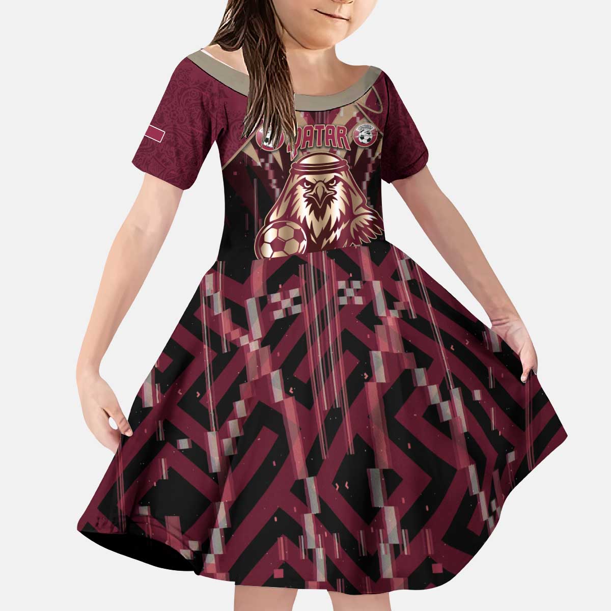 Custom Qatar Football Kid Short Sleeve Dress Glitch Style Falcon With Arabic Patterns