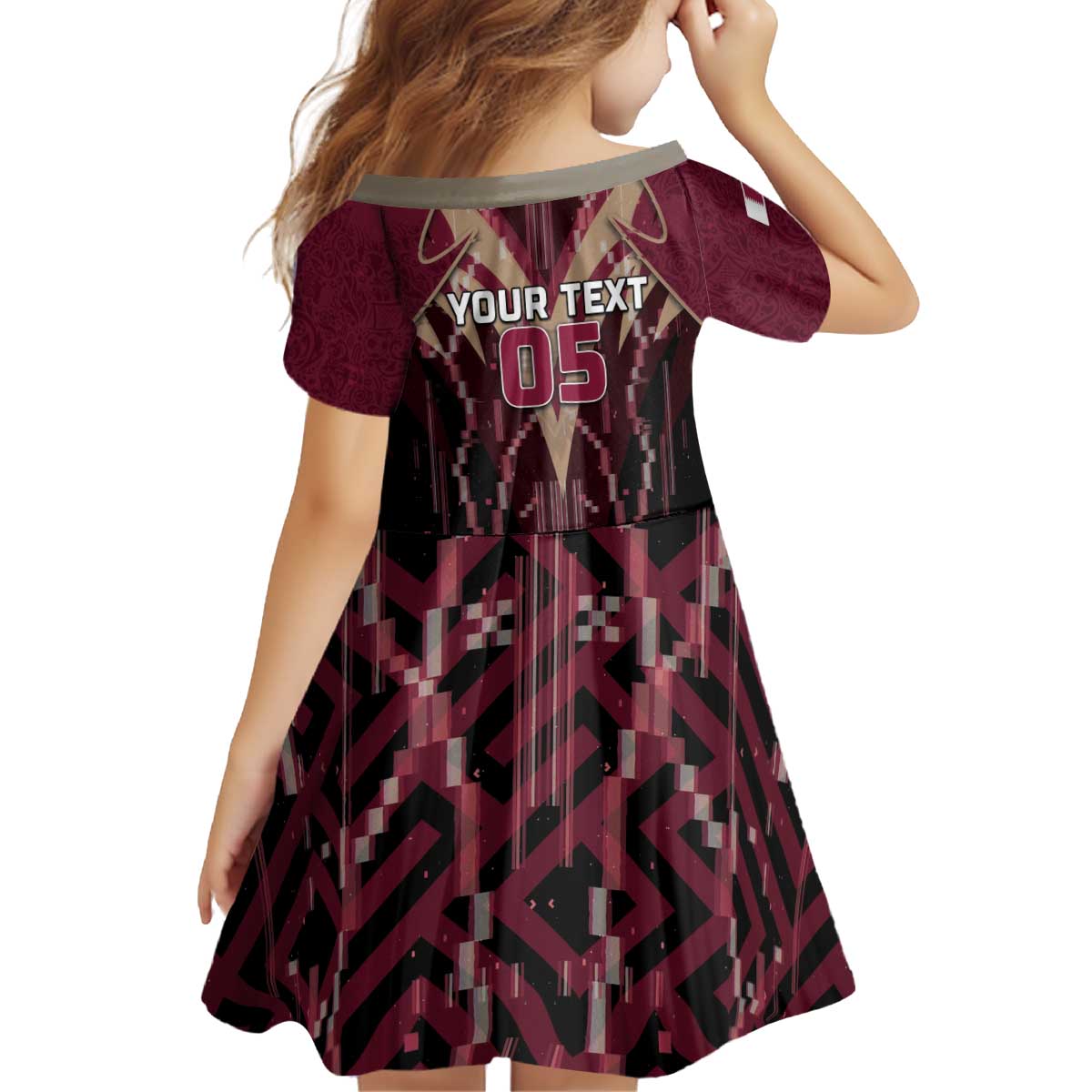 Custom Qatar Football Kid Short Sleeve Dress Glitch Style Falcon With Arabic Patterns