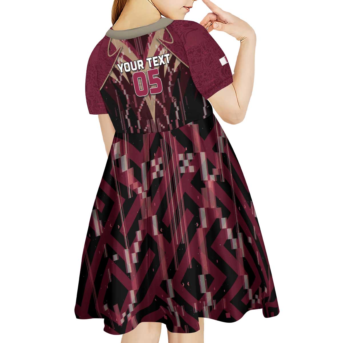 Custom Qatar Football Kid Short Sleeve Dress Glitch Style Falcon With Arabic Patterns