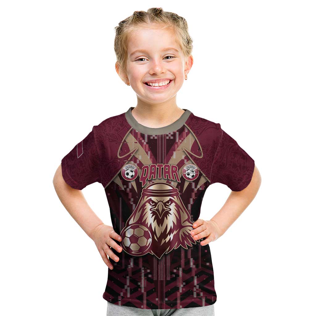 Custom Qatar Football Kid T Shirt Glitch Style Falcon With Arabic Patterns