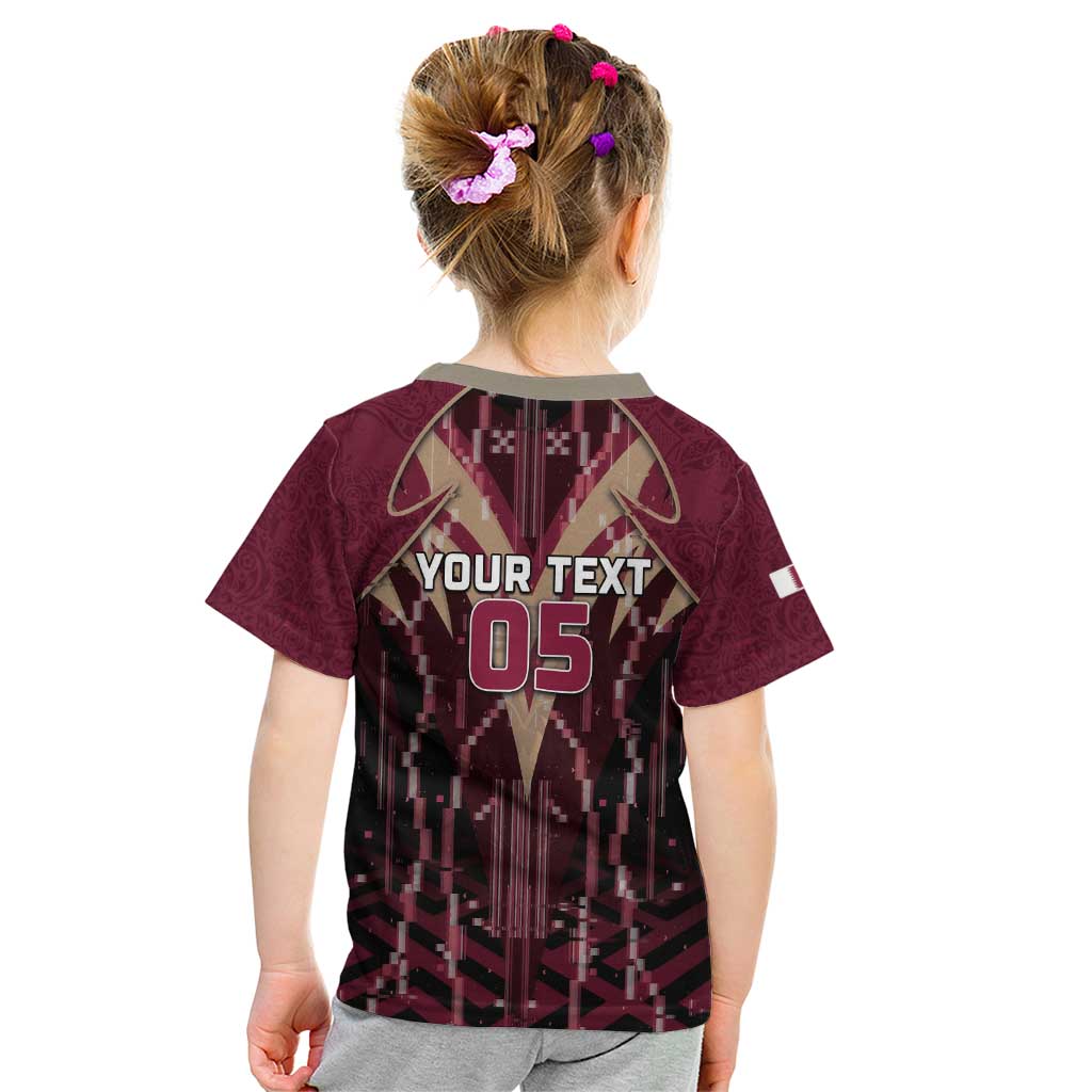 Custom Qatar Football Kid T Shirt Glitch Style Falcon With Arabic Patterns