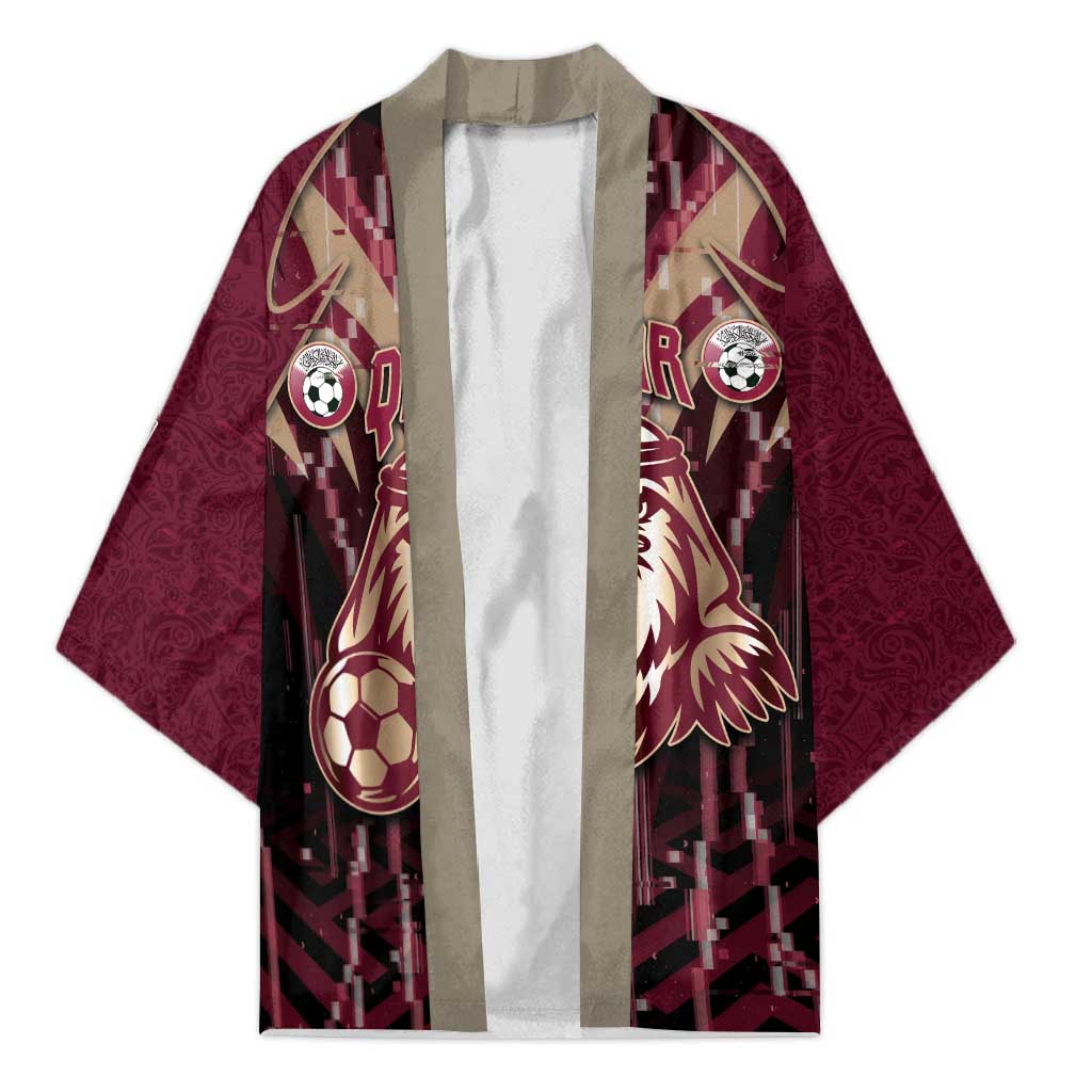 Custom Qatar Football Kimono Glitch Style Falcon With Arabic Patterns