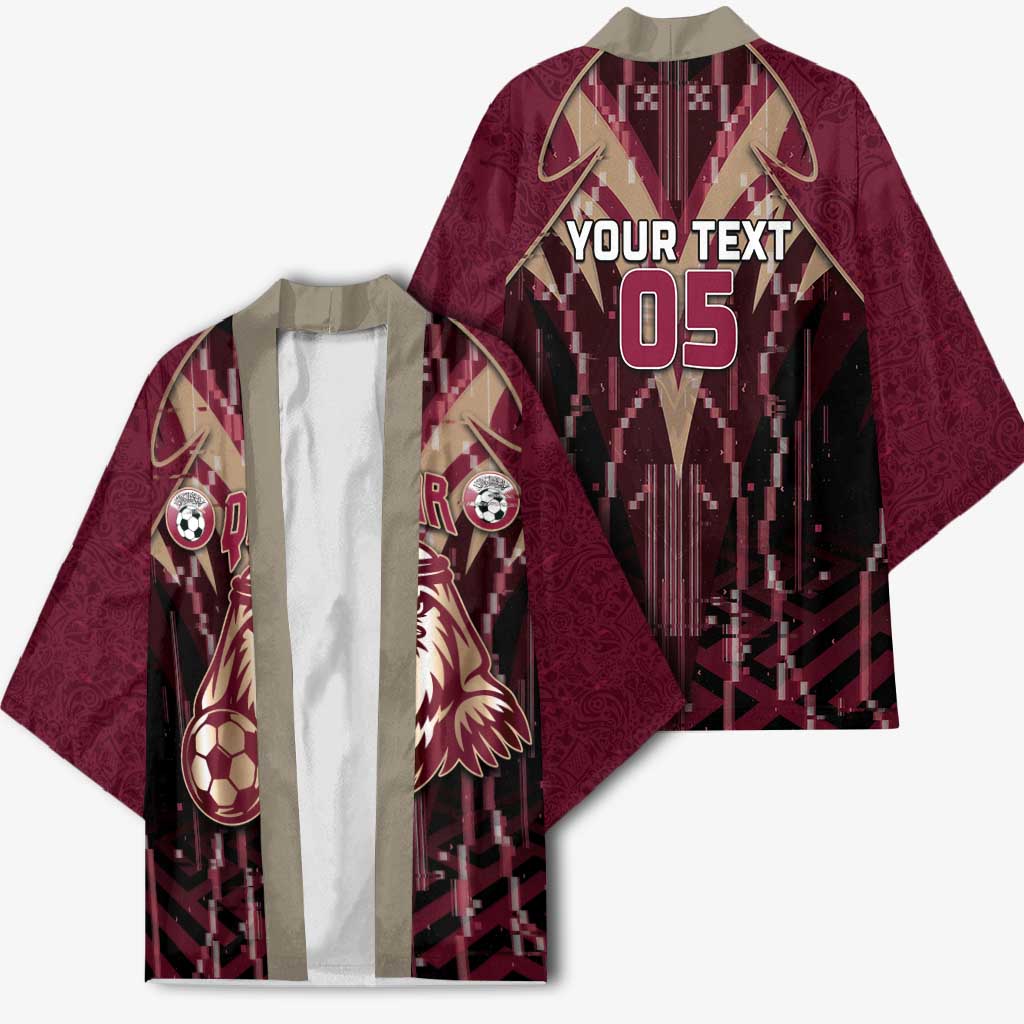 Custom Qatar Football Kimono Glitch Style Falcon With Arabic Patterns