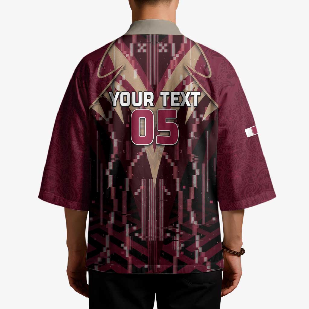 Custom Qatar Football Kimono Glitch Style Falcon With Arabic Patterns