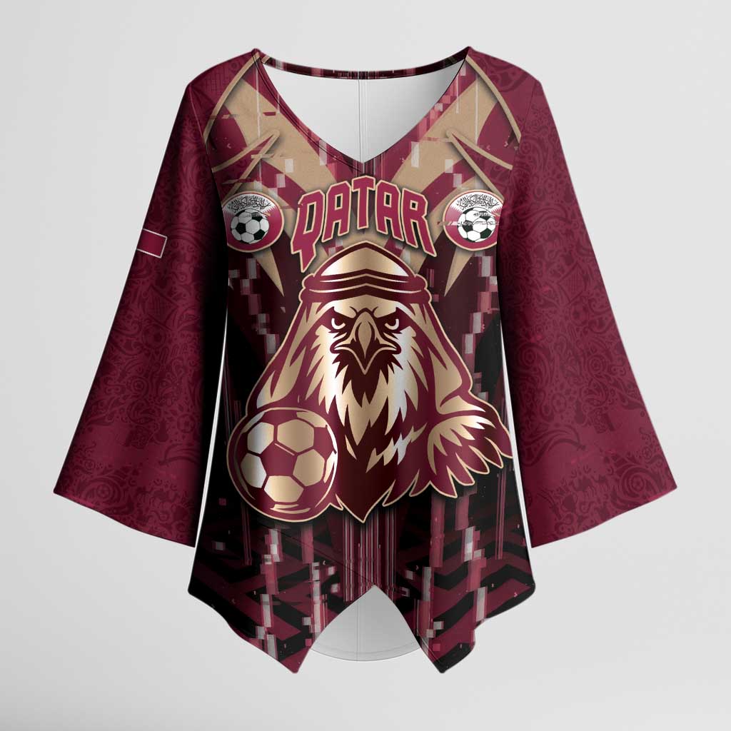 Custom Qatar Football Kimono Sleeve Blouse Glitch Style Falcon With Arabic Patterns