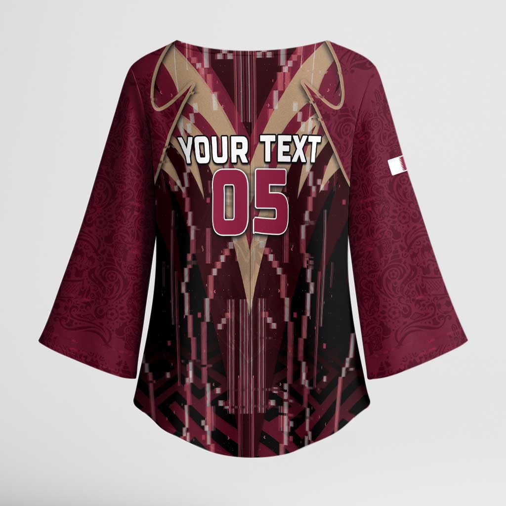 Custom Qatar Football Kimono Sleeve Blouse Glitch Style Falcon With Arabic Patterns