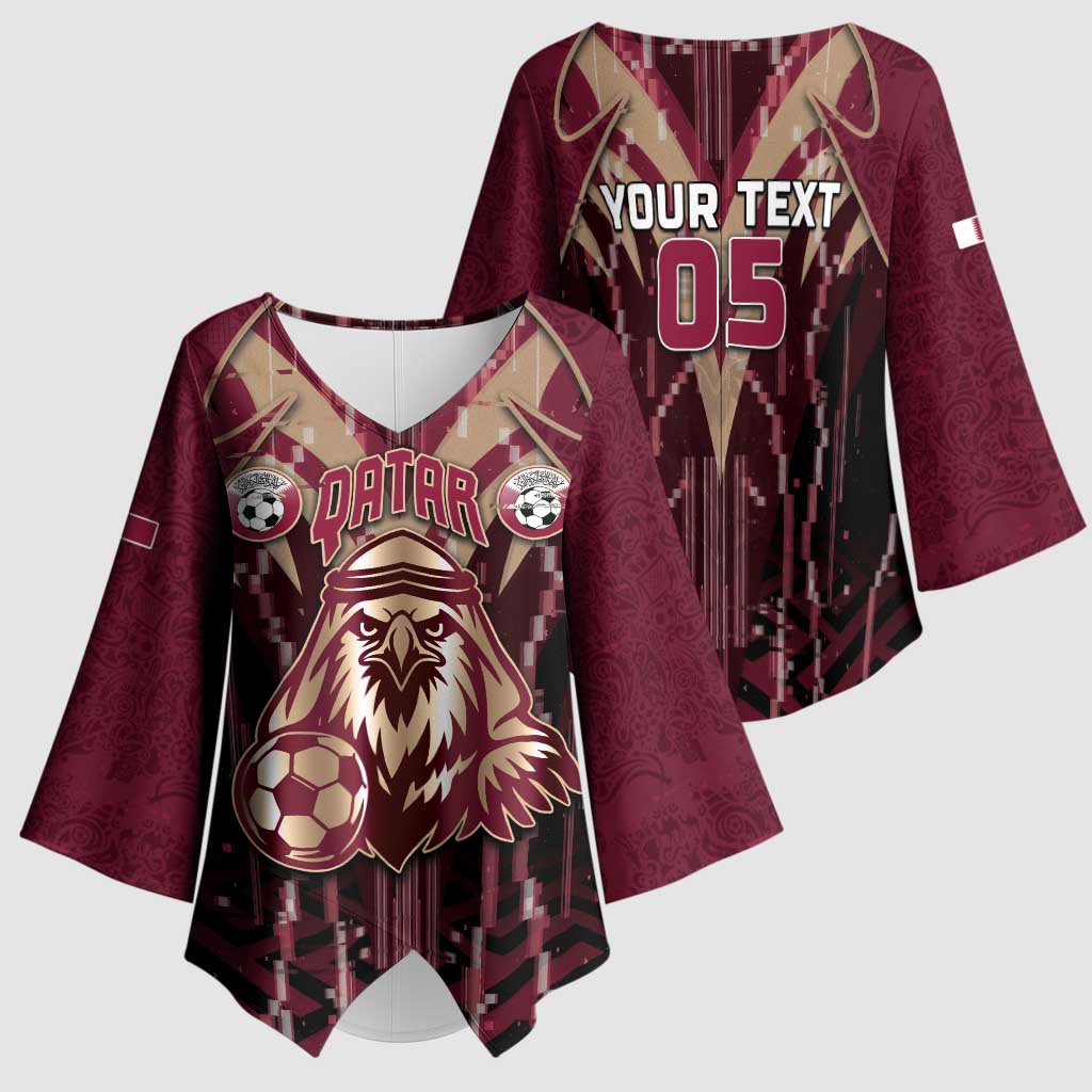 Custom Qatar Football Kimono Sleeve Blouse Glitch Style Falcon With Arabic Patterns