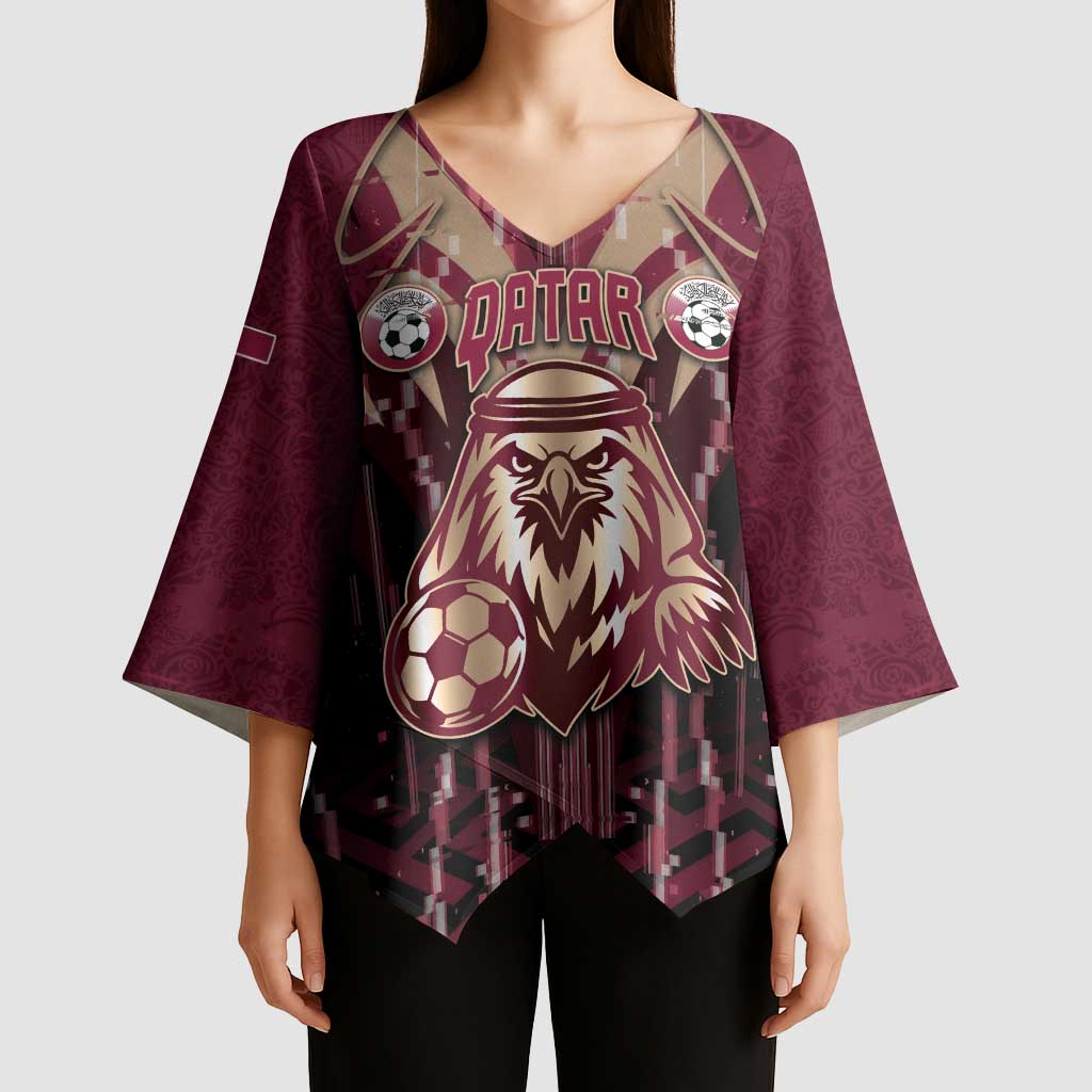 Custom Qatar Football Kimono Sleeve Blouse Glitch Style Falcon With Arabic Patterns