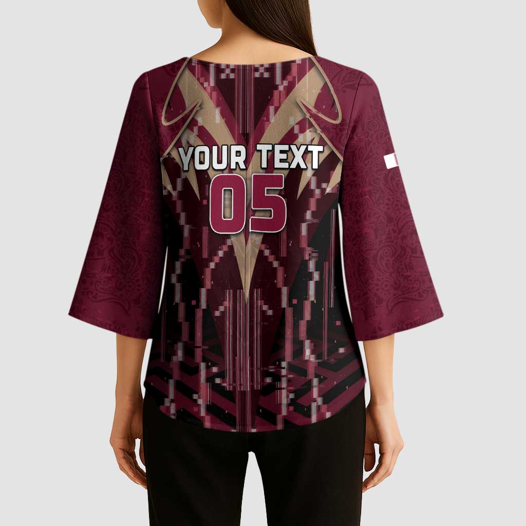 Custom Qatar Football Kimono Sleeve Blouse Glitch Style Falcon With Arabic Patterns