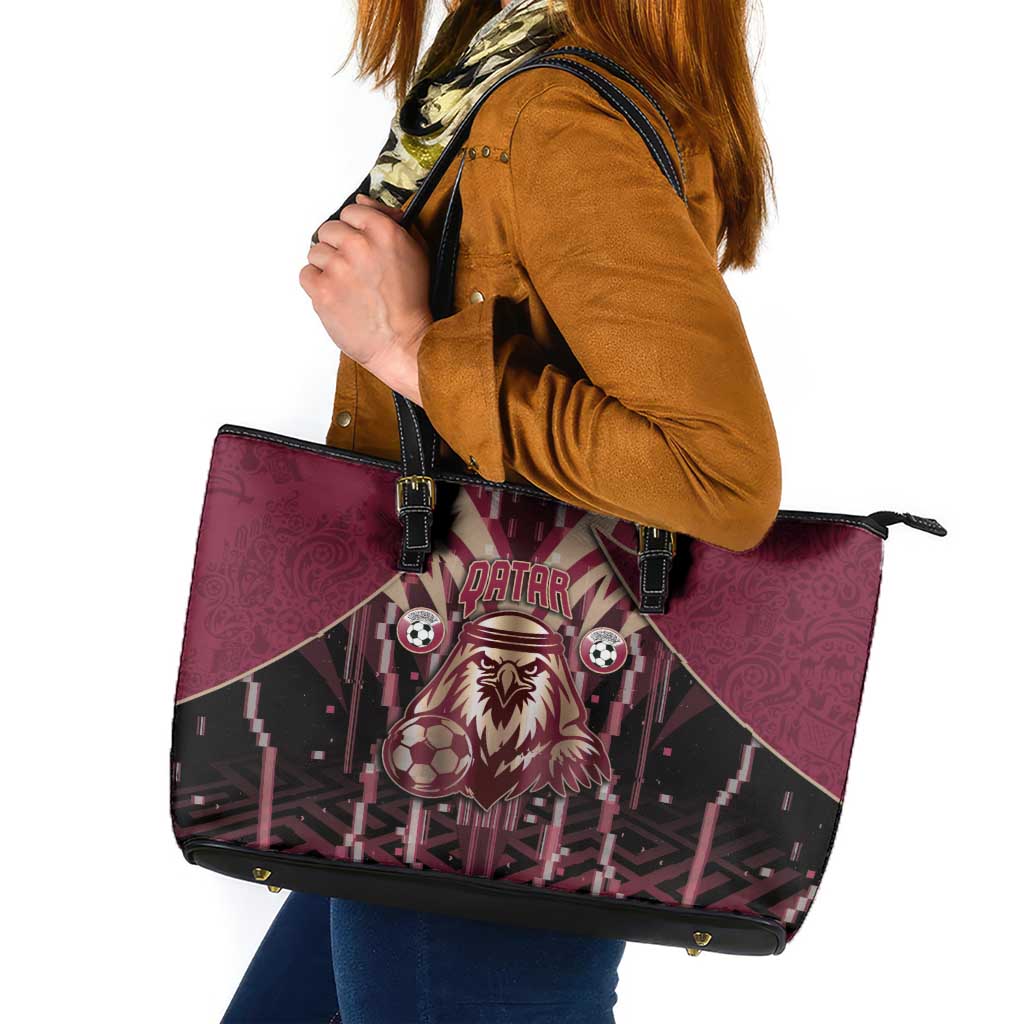 Qatar Football Leather Tote Bag Glitch Style Falcon With Arabic Patterns