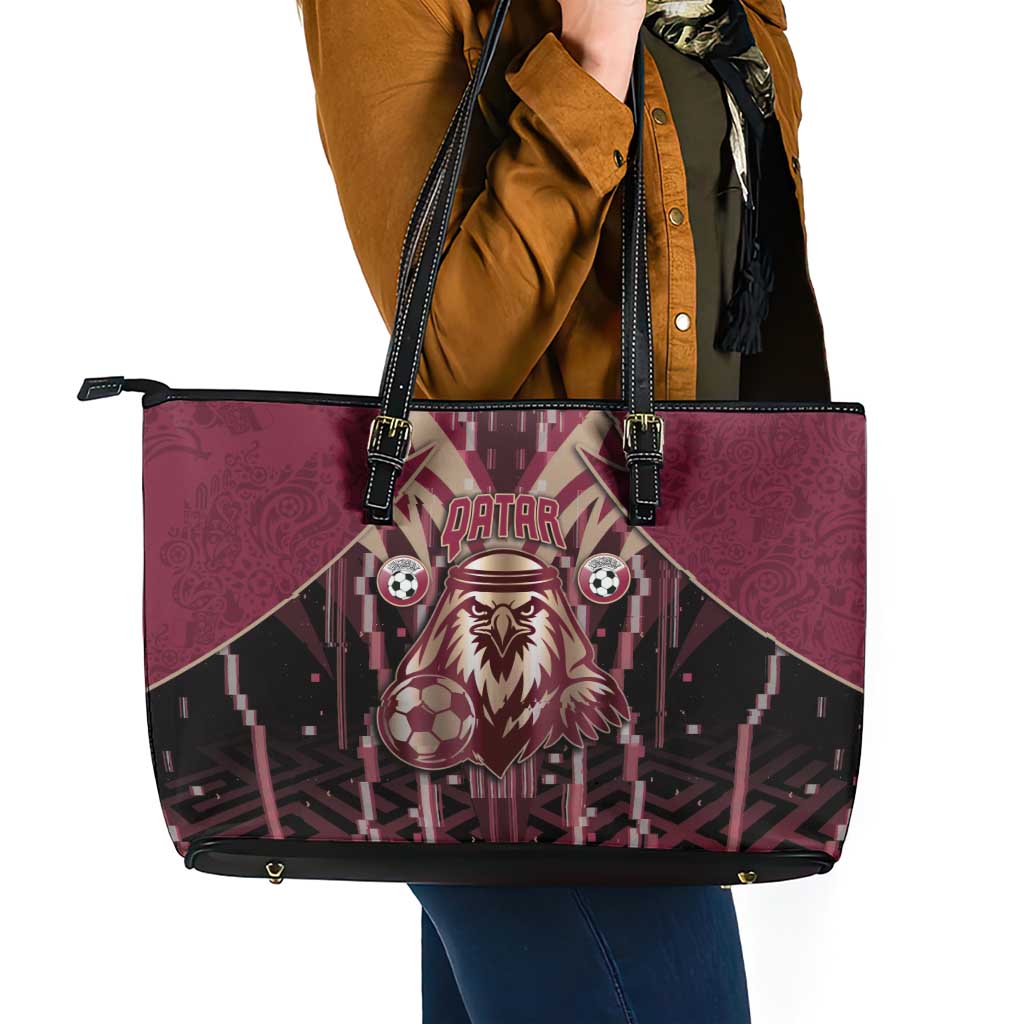 Qatar Football Leather Tote Bag Glitch Style Falcon With Arabic Patterns