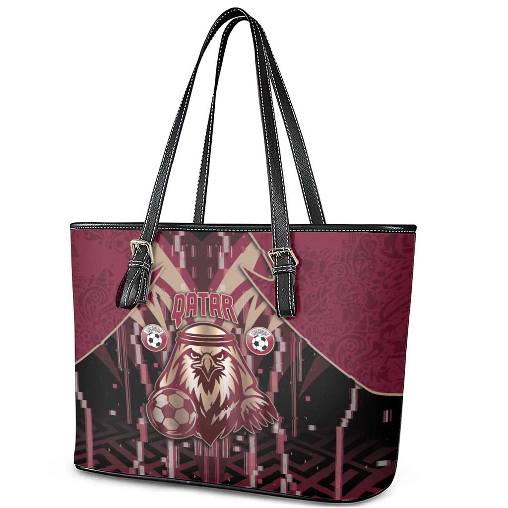 Qatar Football Leather Tote Bag Glitch Style Falcon With Arabic Patterns