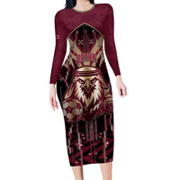 Custom Qatar Football Long Sleeve Bodycon Dress Glitch Style Falcon With Arabic Patterns