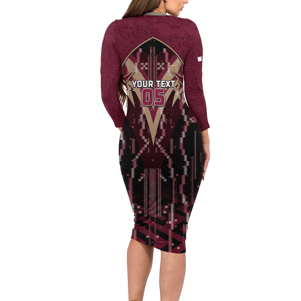 Custom Qatar Football Long Sleeve Bodycon Dress Glitch Style Falcon With Arabic Patterns