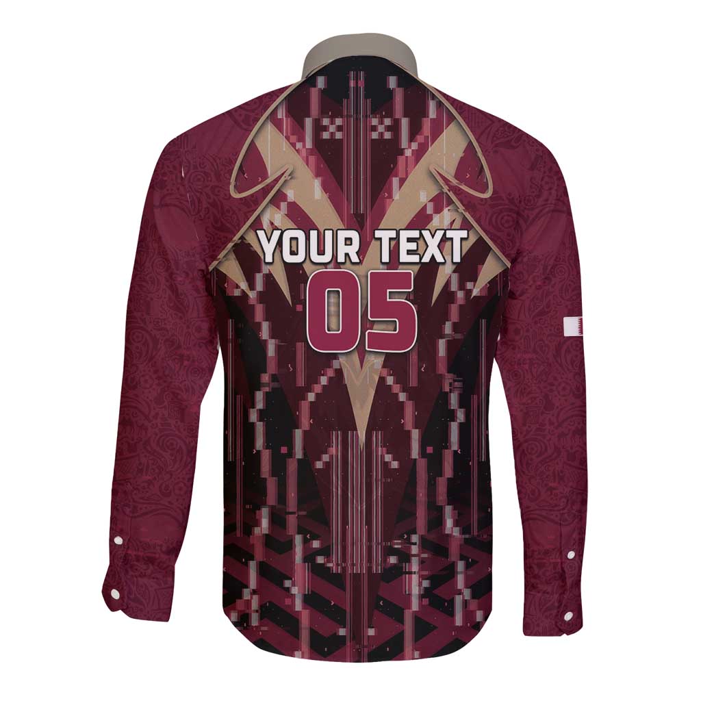 Custom Qatar Football Long Sleeve Button Shirt Glitch Style Falcon With Arabic Patterns