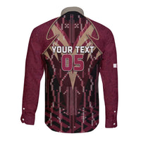 Custom Qatar Football Long Sleeve Button Shirt Glitch Style Falcon With Arabic Patterns