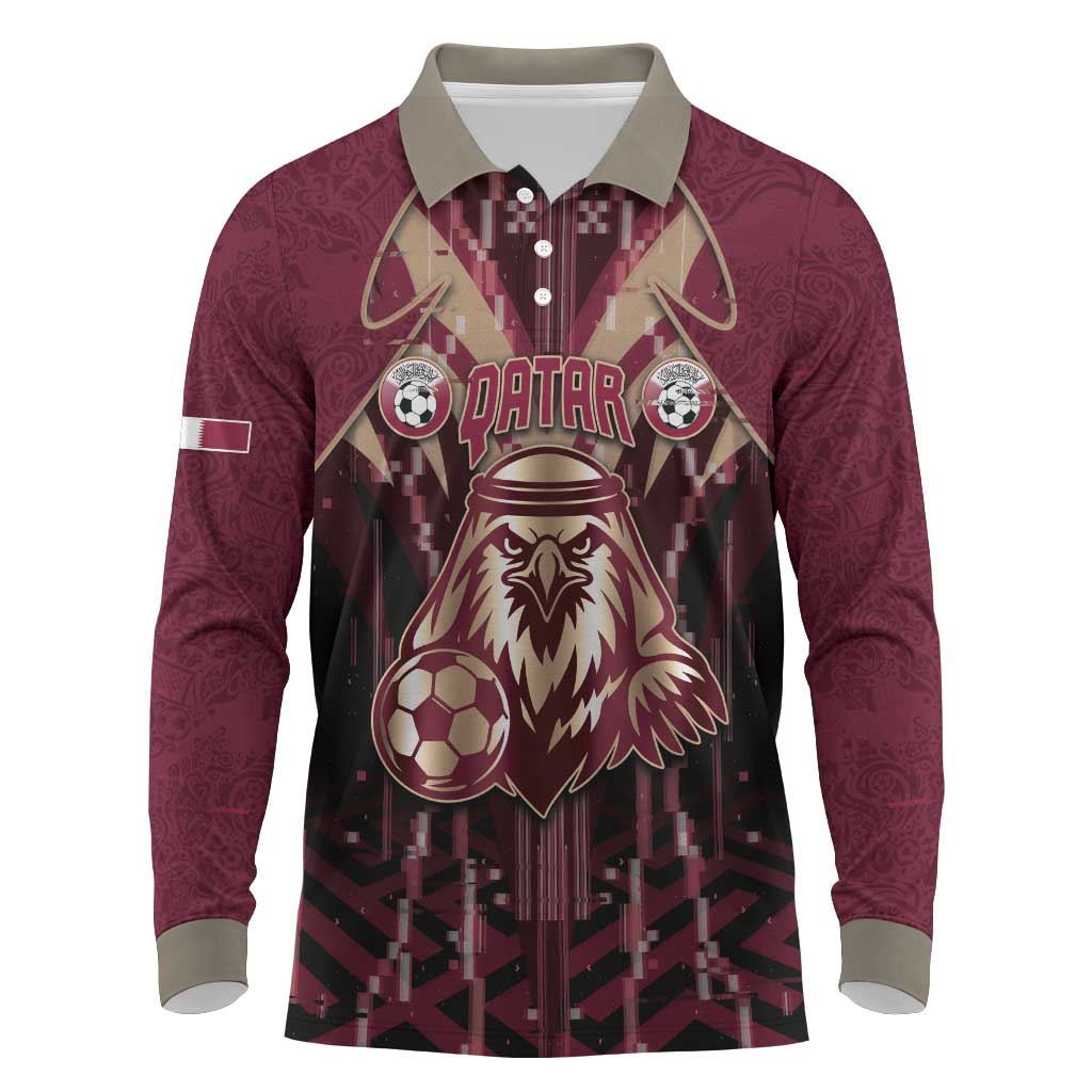 Custom Qatar Football Long Sleeve Polo Shirt Glitch Style Falcon With Arabic Patterns