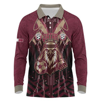Custom Qatar Football Long Sleeve Polo Shirt Glitch Style Falcon With Arabic Patterns