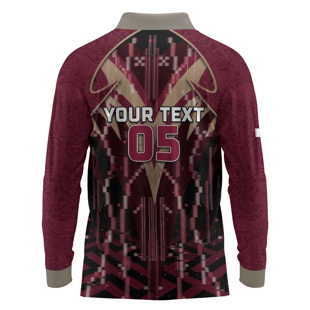 Custom Qatar Football Long Sleeve Polo Shirt Glitch Style Falcon With Arabic Patterns