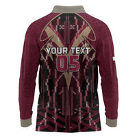 Custom Qatar Football Long Sleeve Polo Shirt Glitch Style Falcon With Arabic Patterns